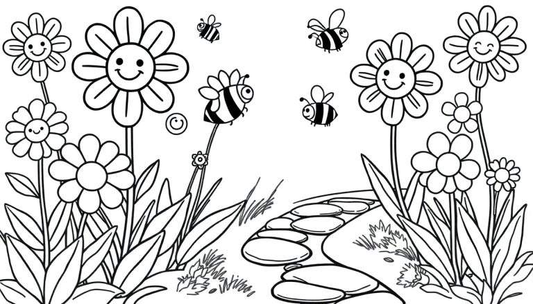Placa de color de un jardín con flores sonrientes y abejas felices.