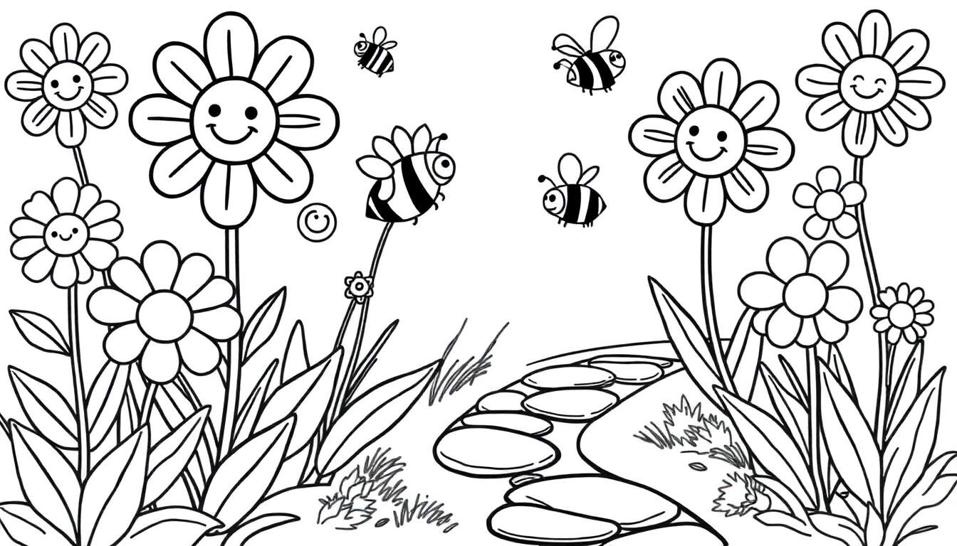 Placa de color de un jardín con flores sonrientes y abejas felices.