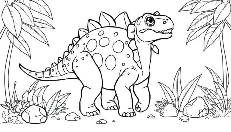 Dibujo lineal de un estegosaurio amigable con sus placas en la espalda.
