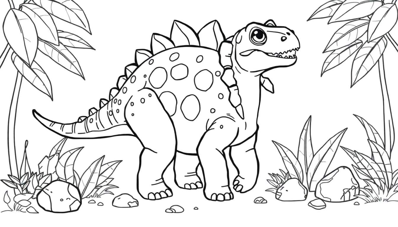 Dibujo lineal de un estegosaurio amigable con sus placas en la espalda.