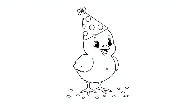 Un pollito de dibujos animados para colorear con un gorro de fiesta, listo para añadirle color a la placa.