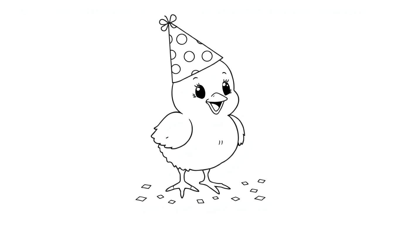 Un pollito de dibujos animados para colorear con un gorro de fiesta, listo para añadirle color a la placa.