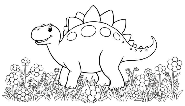 Estegosaurio amigable listo para colorear, mostrando su gran placa dorsal de color.
