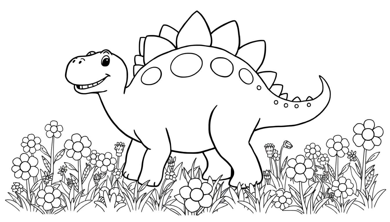 Estegosaurio amigable listo para colorear, mostrando su gran placa dorsal de color.
