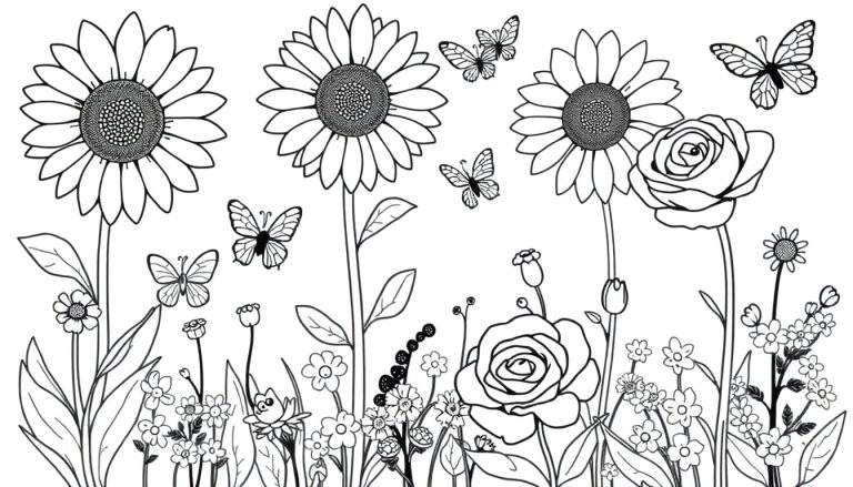 Placa de color de un jardín con girasoles, rosas y mariposas.