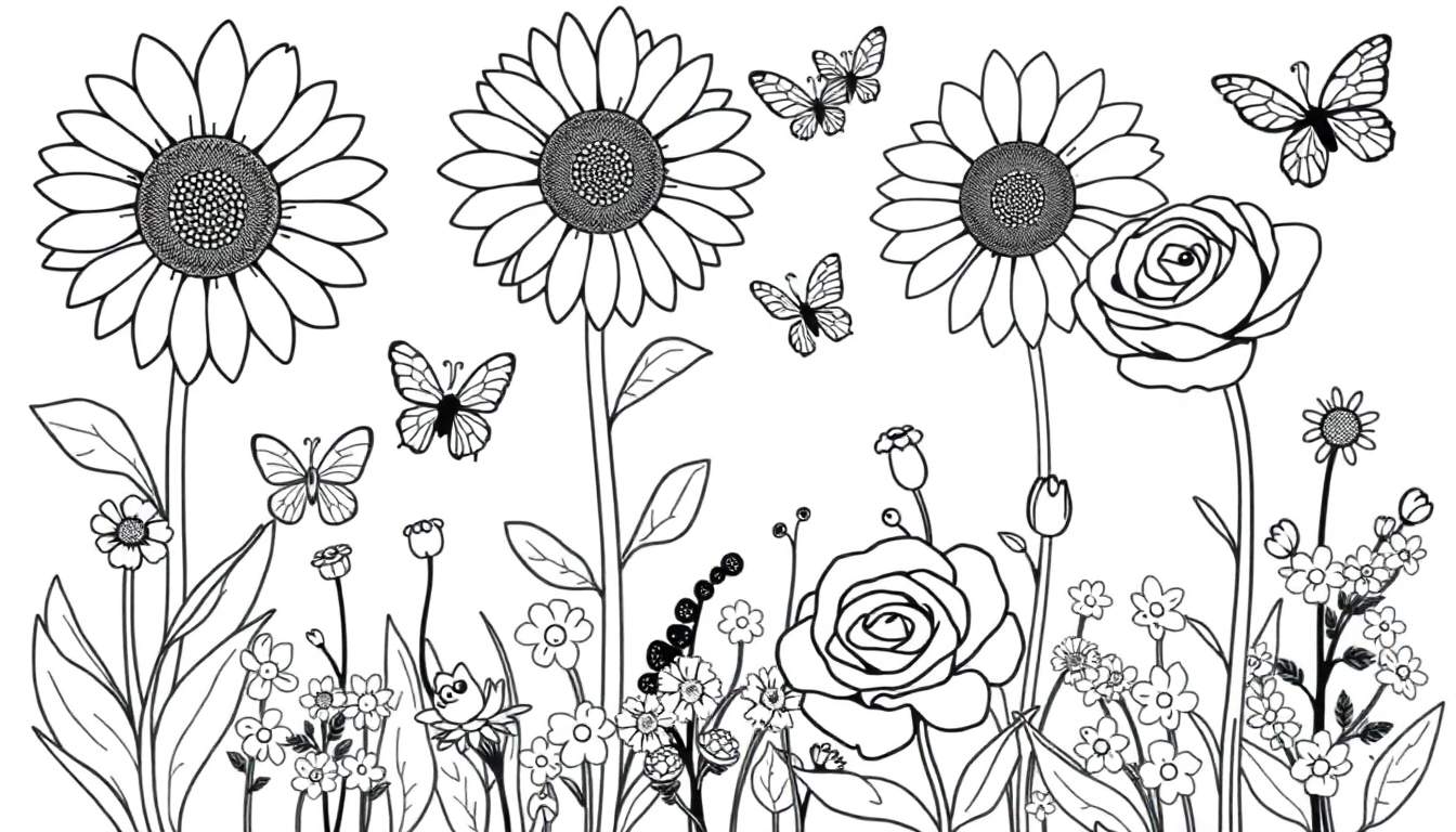 Placa de color de un jardín con girasoles, rosas y mariposas.