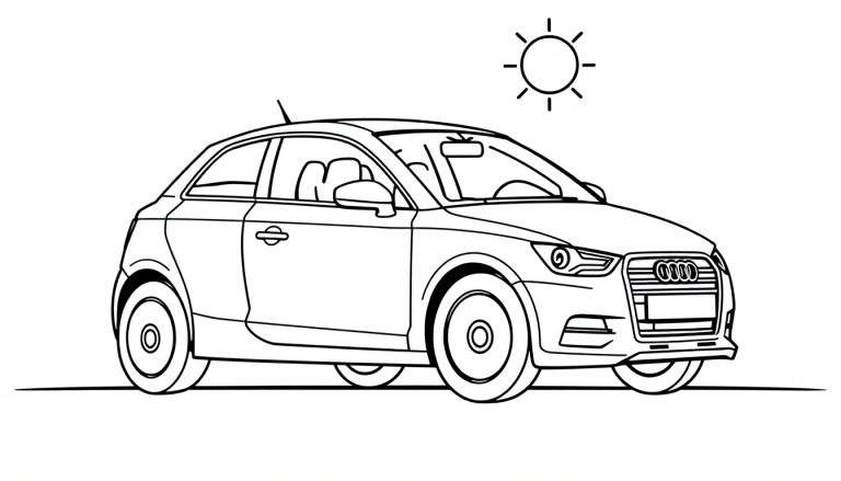 Un dibujo lineal de un Audi A1 para colorear con un sol arriba, con la palabra 'placa de color' en la descripción.