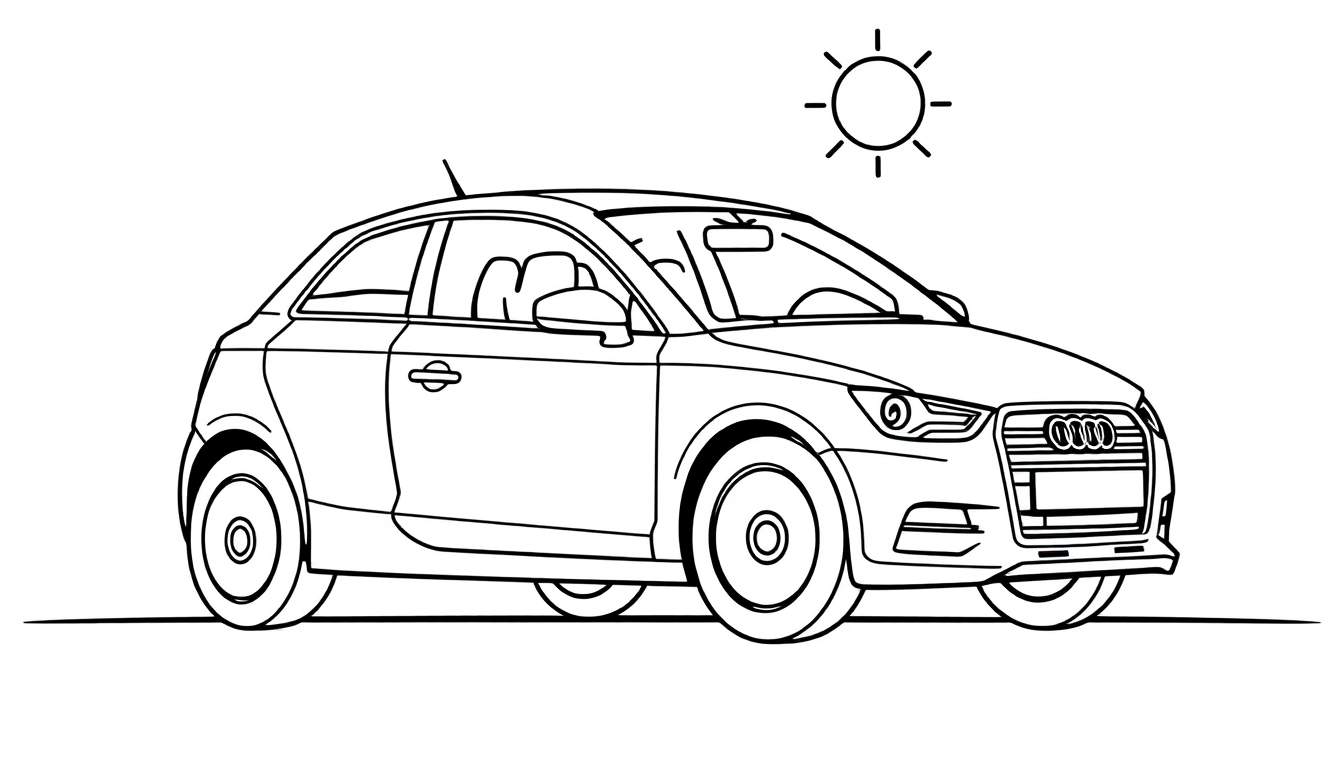 Un dibujo lineal de un Audi A1 para colorear con un sol arriba, con la palabra 'placa de color' en la descripción.