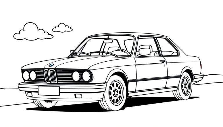 Un coche BMW antiguo, listo para colorear, con nubes y carretera.
