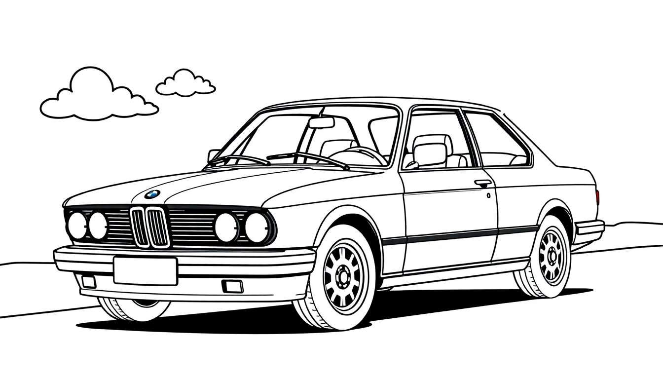 Un coche BMW antiguo, listo para colorear, con nubes y carretera.