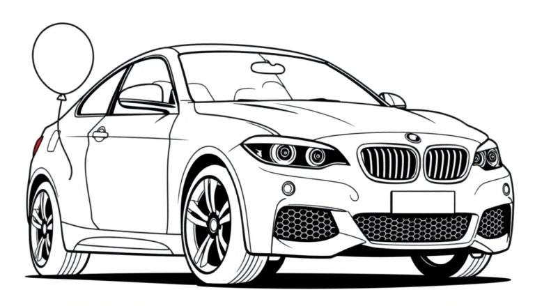 Un coche deportivo BMW para colorear, con líneas gruesas y un globo en la parte trasera, listo para añadirle color a su placa.