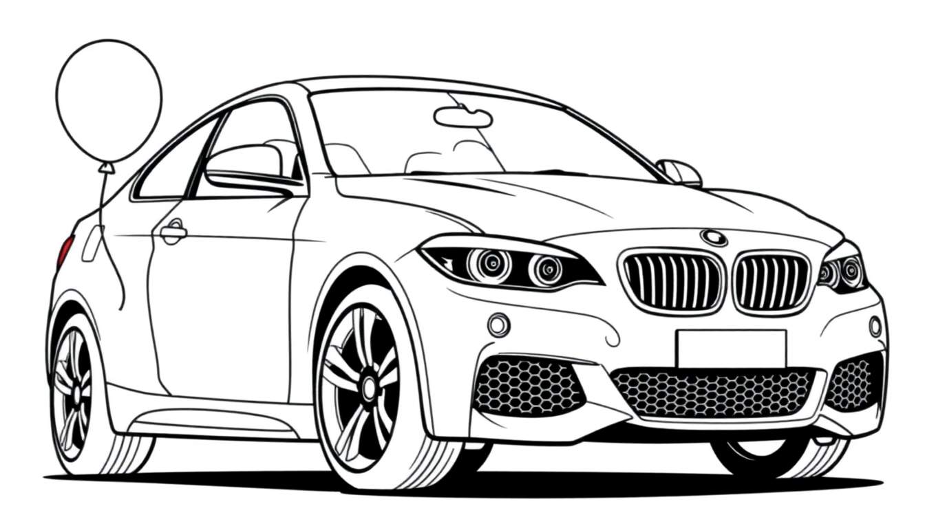 Un coche deportivo BMW para colorear, con líneas gruesas y un globo en la parte trasera, listo para añadirle color a su placa.