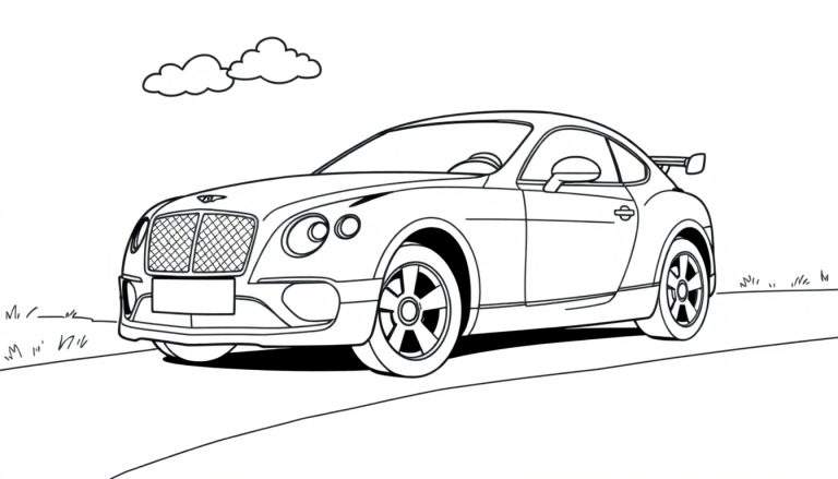 Un coche deportivo Bentley para colorear en la carretera con nubes, listo para ser rellenado con color.