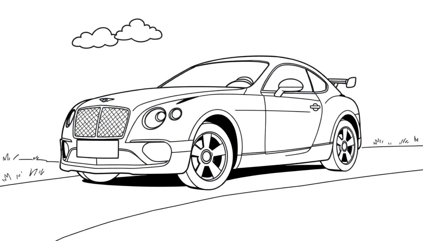 Un coche deportivo Bentley para colorear en la carretera con nubes, listo para ser rellenado con color.
