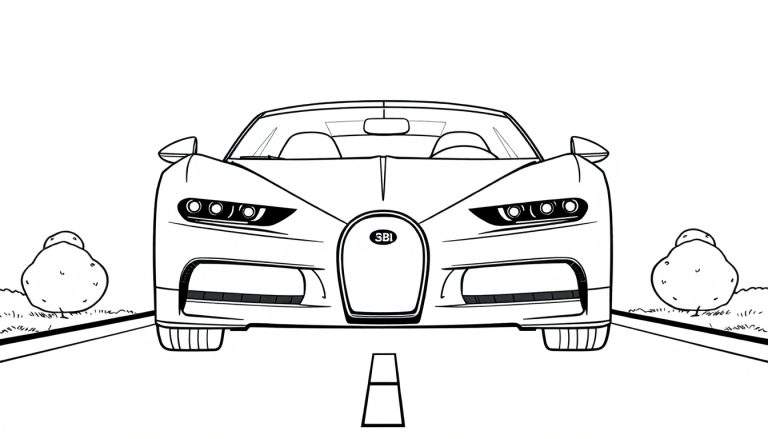 Un Bugatti blanco y negro listo para colorear, con líneas gruesas, mostrando su diseño frontal y ruedas.