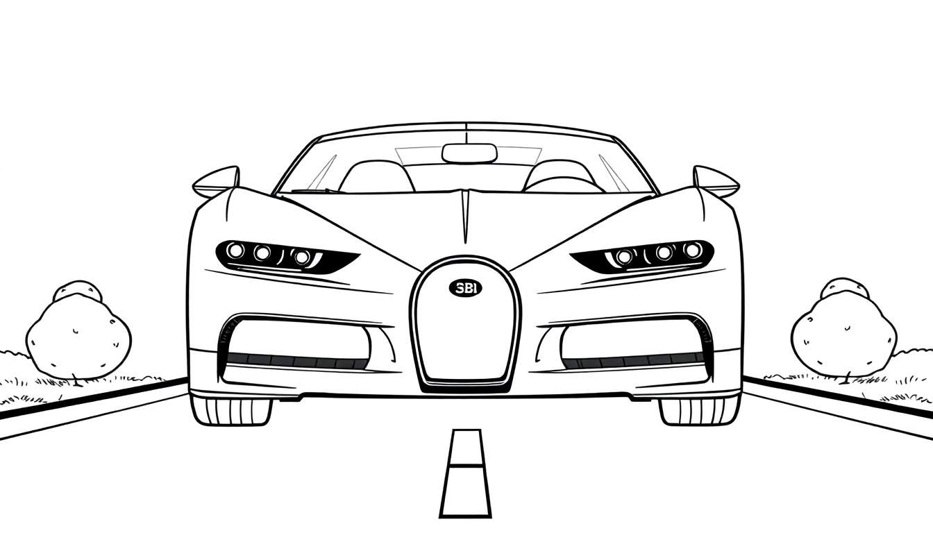 Un Bugatti blanco y negro listo para colorear, con líneas gruesas, mostrando su diseño frontal y ruedas.