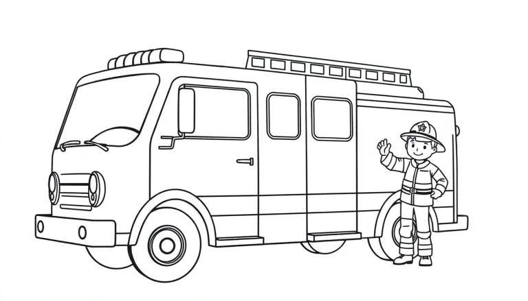 Camión de bomberos amigable y bombero saludando, listo para colorear con la placa de color.