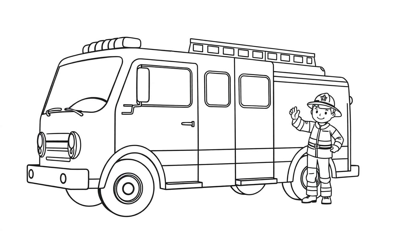 Camión de bomberos amigable y bombero saludando, listo para colorear con la placa de color.