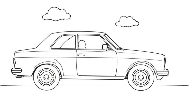 Un coche clásico Mercedes-Benz para colorear, listo para que los niños añadan su toque de color en la placa.