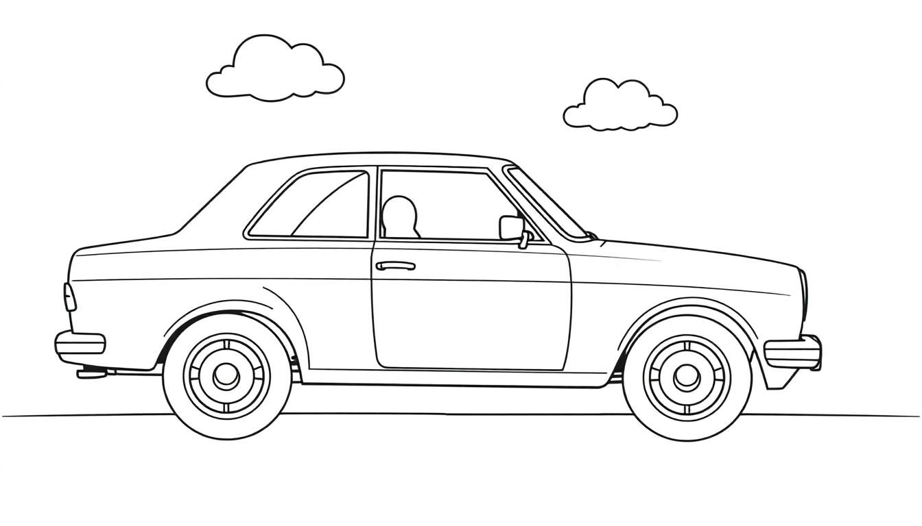 Un coche clásico Mercedes-Benz para colorear, listo para que los niños añadan su toque de color en la placa.