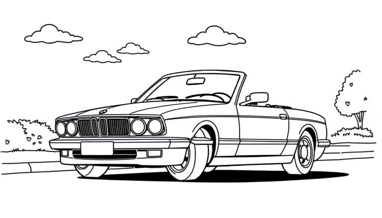 Un coche descapotable clásico para colorear con líneas sencillas, ideal para una placa de color.