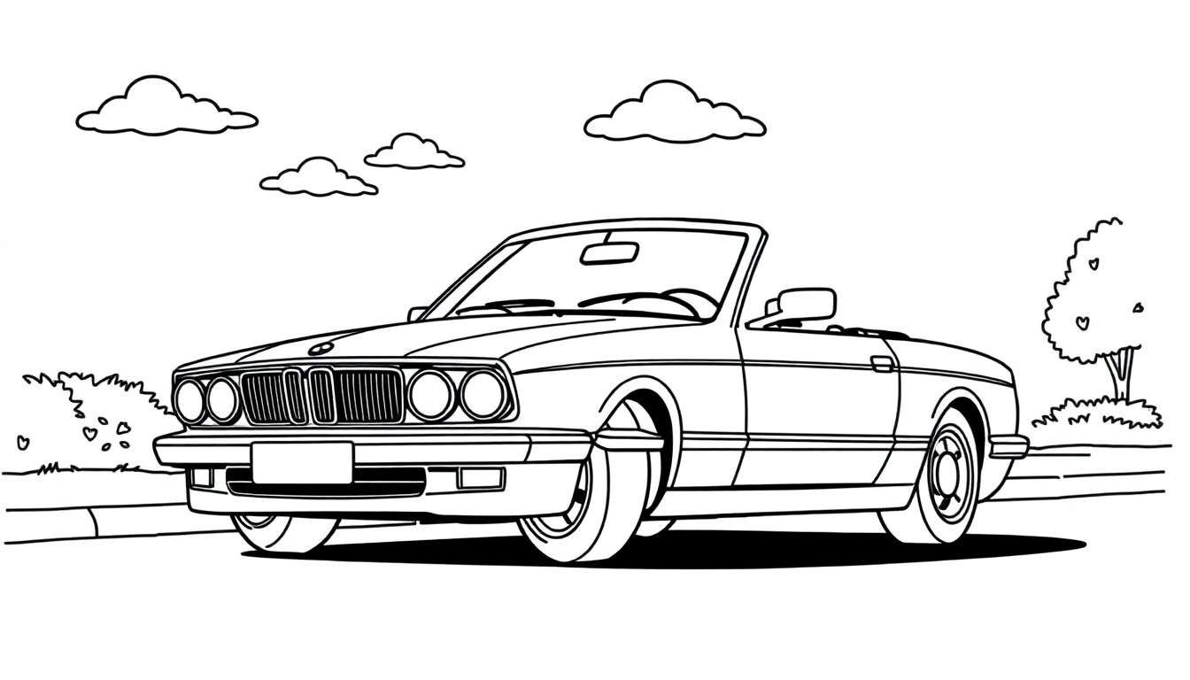 Un coche descapotable clásico para colorear con líneas sencillas, ideal para una placa de color.