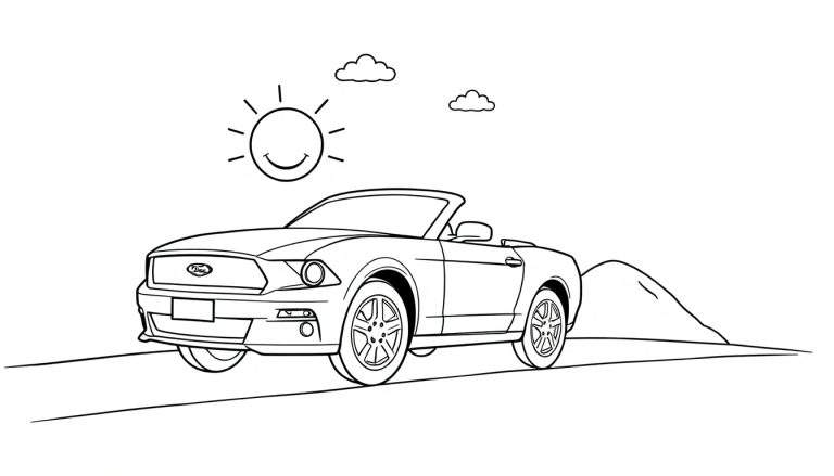 Un coche deportivo convertible Ford Mustang para colorear, con un sol sonriente y nubes.