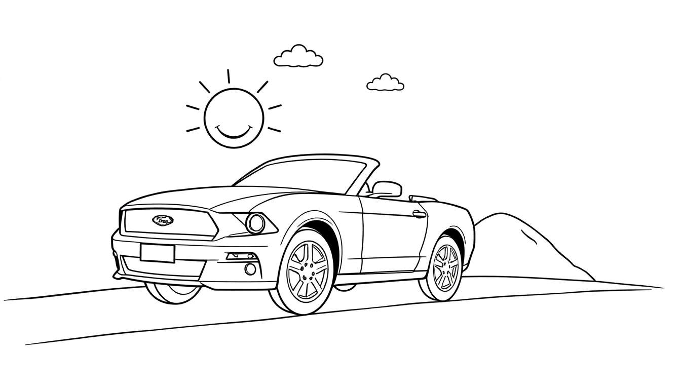 Un coche deportivo convertible Ford Mustang para colorear, con un sol sonriente y nubes.