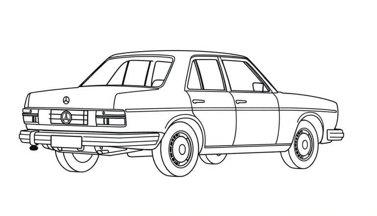 Dibujo lineal de un Mercedes-Benz clásico para colorear, mostrando su parte trasera con luces y matrícula, listo para añadir una placa de color.