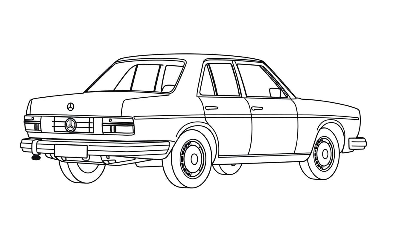 Dibujo lineal de un Mercedes-Benz clásico para colorear, mostrando su parte trasera con luces y matrícula, listo para añadir una placa de color.