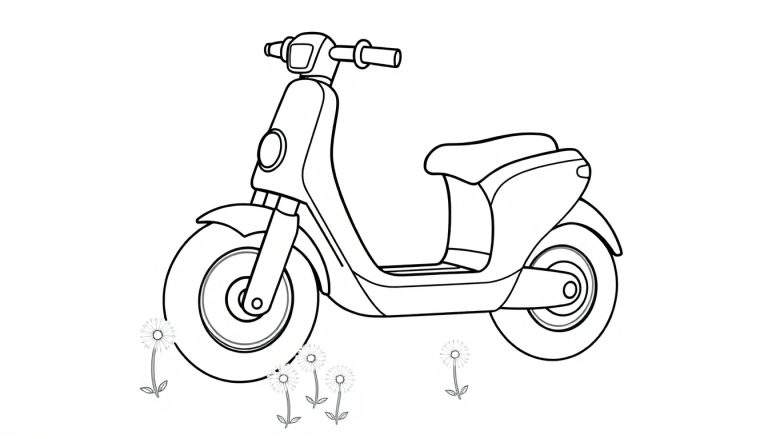 Ilustración en blanco y negro de un patinete moderno con flores de diente de león, listo para colorear con una placa de color.
