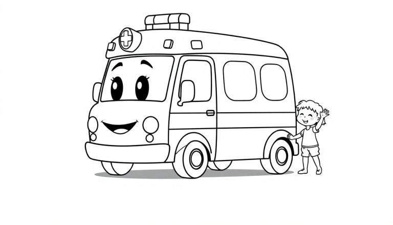 Página para colorear de una simpática ambulancia con un niño sonriente, ambas listas para recibir color. Destaca el diseño de dibujo lineal y los detalles amigables.