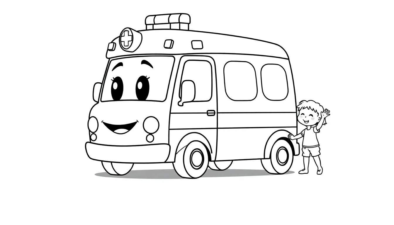 Página para colorear de una simpática ambulancia con un niño sonriente, ambas listas para recibir color. Destaca el diseño de dibujo lineal y los detalles amigables.