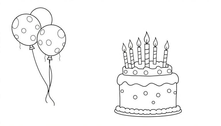 Dibujo en blanco y negro de una placa de pastel de cumpleaños con velas y globos, listo para colorear.