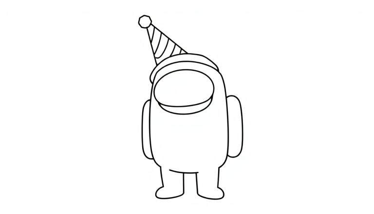 Página para colorear de un tripulante de Among Us con un gorro de fiesta, listo para añadir color.