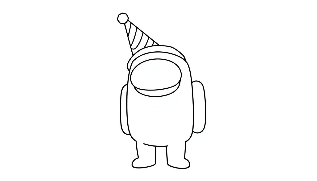 Página para colorear de un tripulante de Among Us con un gorro de fiesta, listo para añadir color.