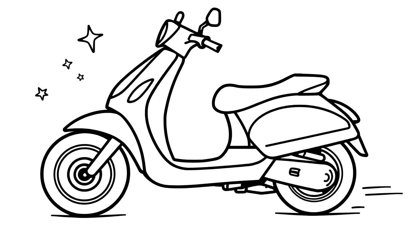 Un dibujo lineal de una motoneta lista para ser coloreada, con estrellas que sugieren movimiento.
