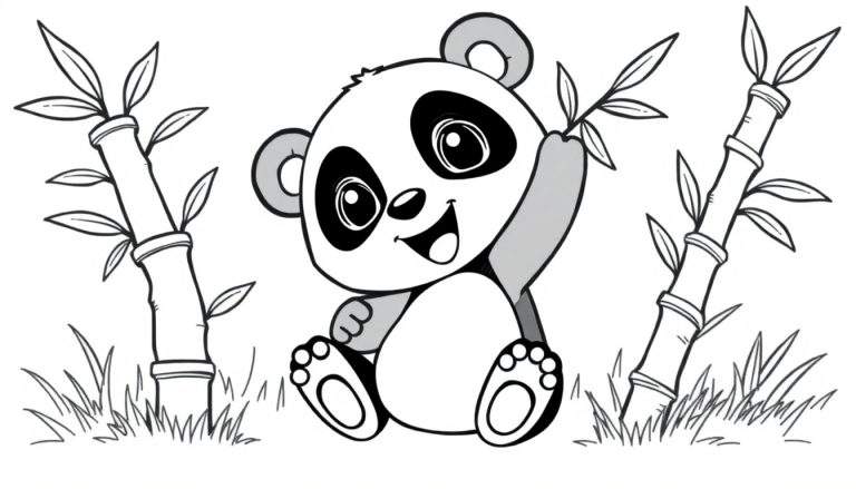 Placa de color de un panda feliz sentado entre bambú.