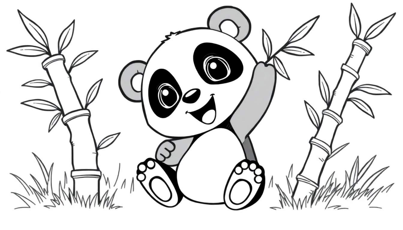 Placa de color de un panda feliz sentado entre bambú.