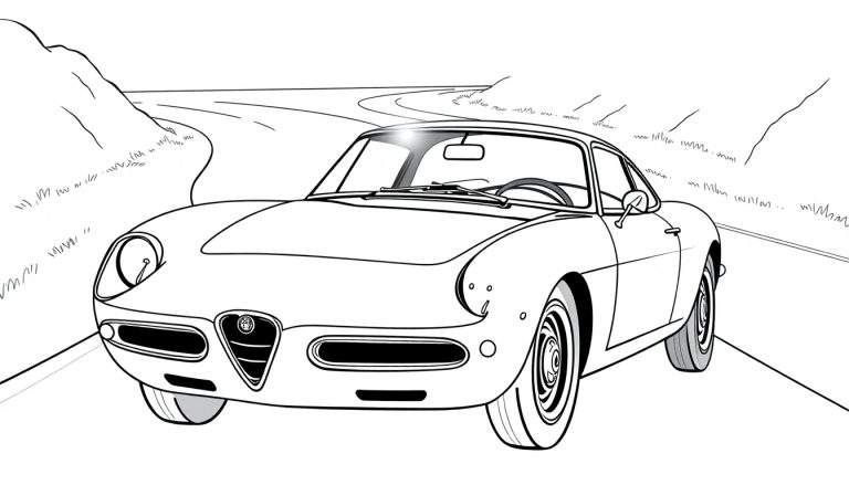 Un coche clásico Alfa Romeo para colorear, con la placa de color esperando ser pintada.