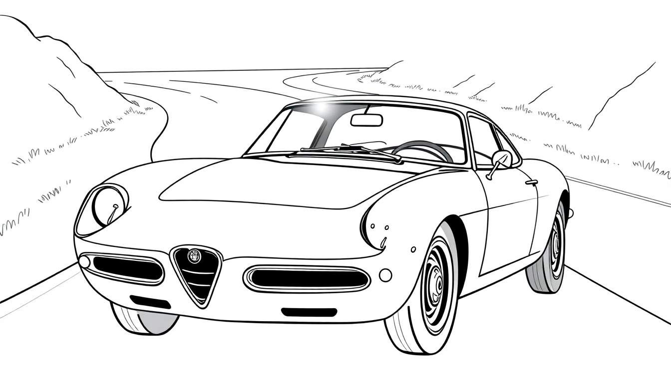 Un coche clásico Alfa Romeo para colorear, con la placa de color esperando ser pintada.