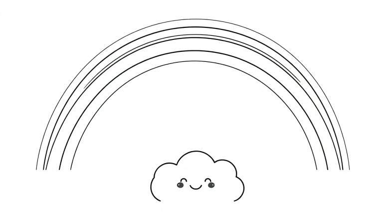 Un arcoíris blanco y negro sonriente sobre una nube, listo para colorear con la placa de color.
