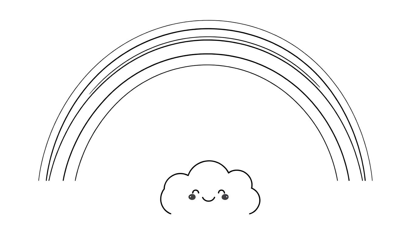 Un arcoíris blanco y negro sonriente sobre una nube, listo para colorear con la placa de color.