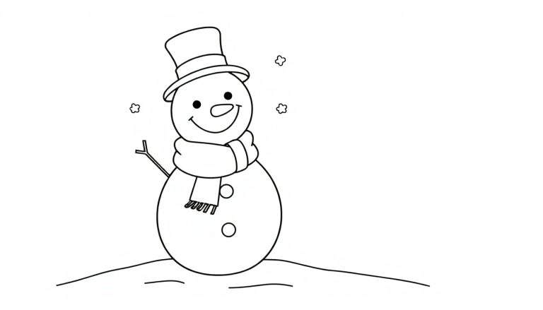 Muñeco de nieve de dibujos animados para colorear con sombrero y bufanda, sin colores, como una placa de color en blanco y negro.