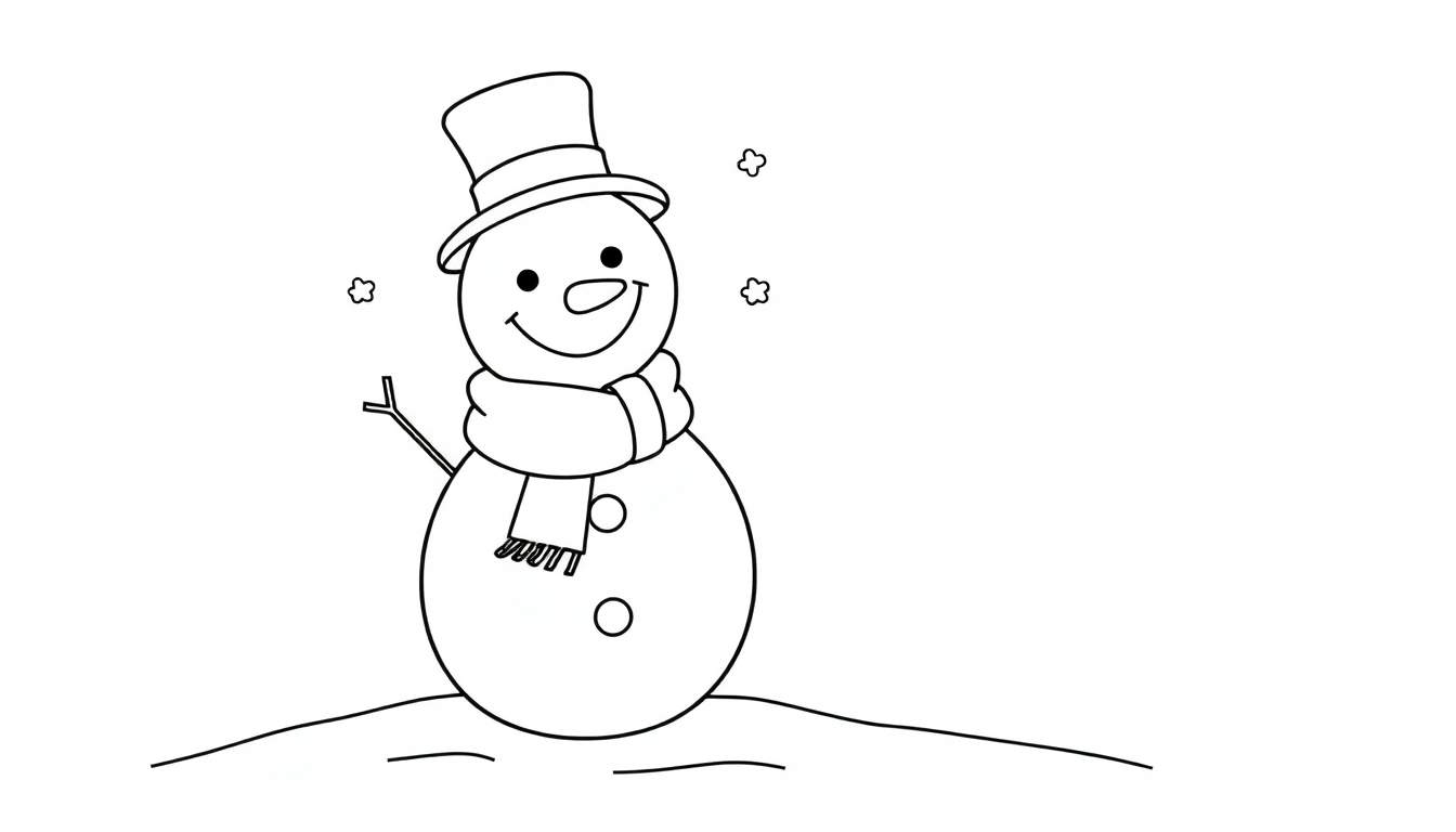 Muñeco de nieve de dibujos animados para colorear con sombrero y bufanda, sin colores, como una placa de color en blanco y negro.