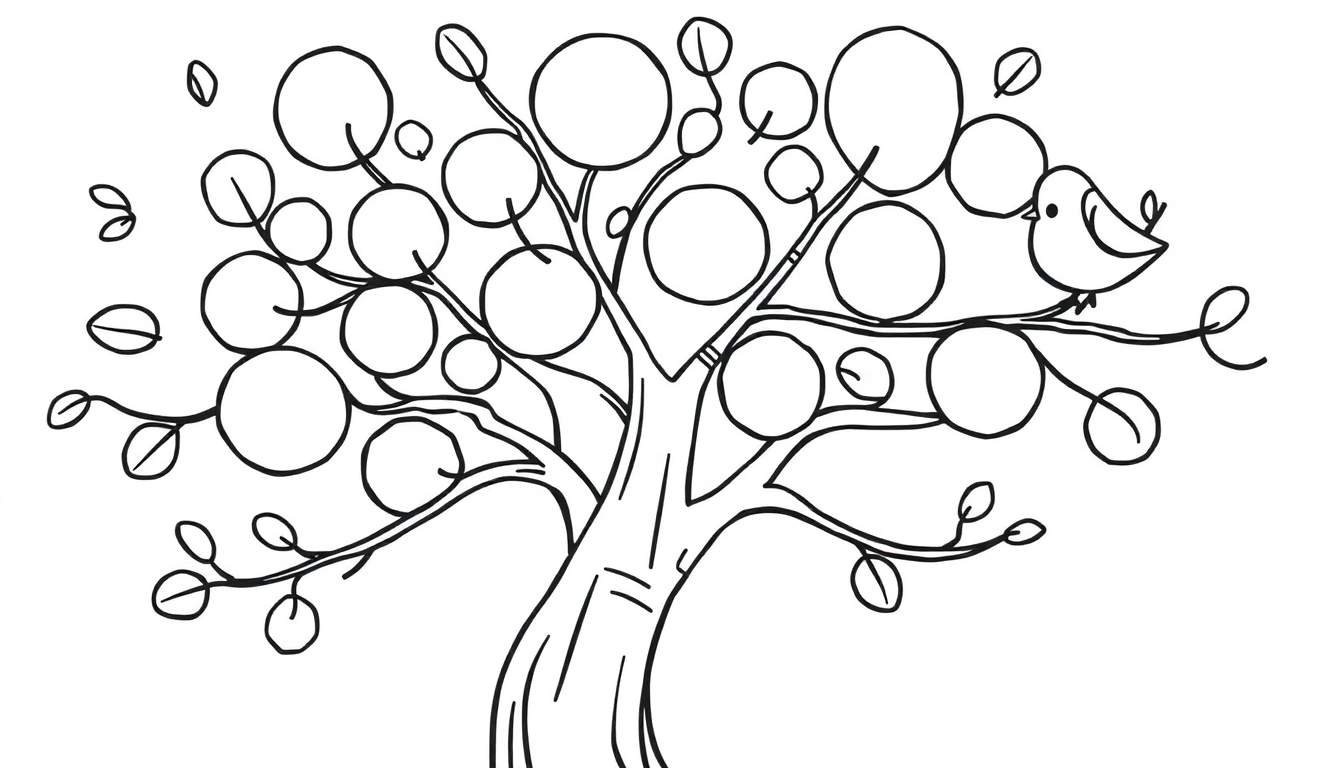 Placa de color de un árbol con hojas redondas y un pájaro.