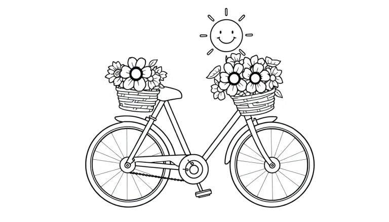 Una bicicleta de placa de color con canastas de flores y un sol sonriente para colorear.