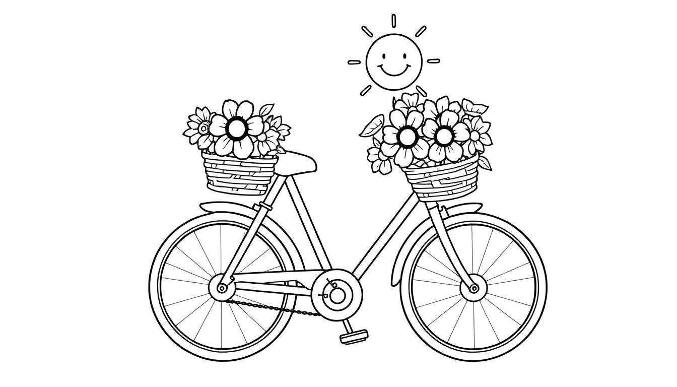 Una bicicleta de placa de color con canastas de flores y un sol sonriente para colorear.