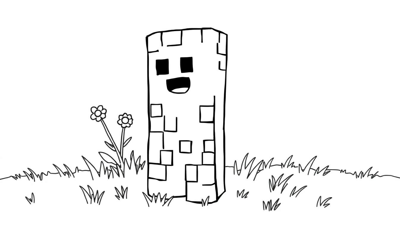 Placa de color de un Creeper de Minecraft con cara sonriente en un campo de flores.