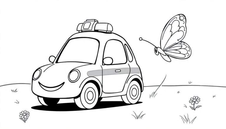 Página para colorear en blanco y negro de un coche de policía amigable persiguiendo una mariposa en un día soleado, listo para añadirle una placa de color.